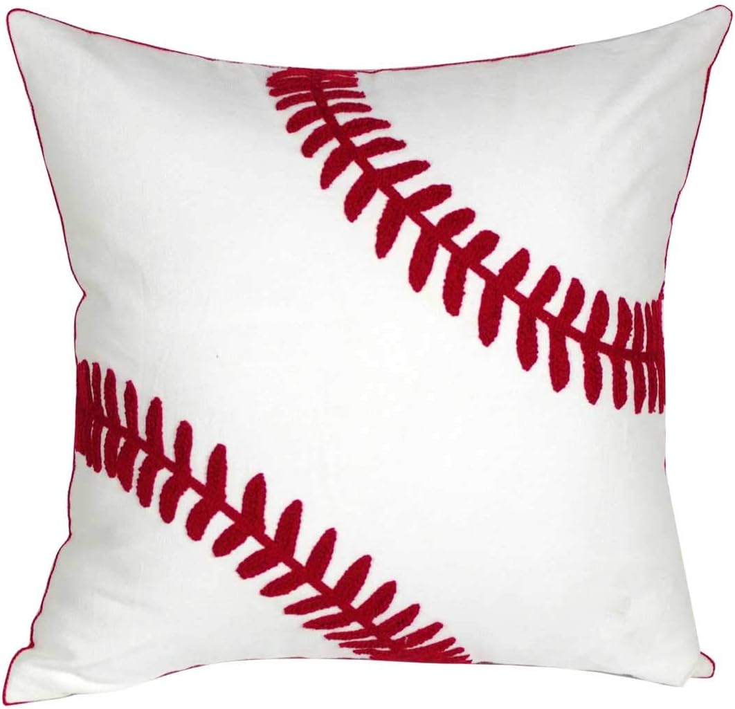 Embroidered baseball throw pillow cover, square decorative canvas pillow cover for baseball room decor, cover only.