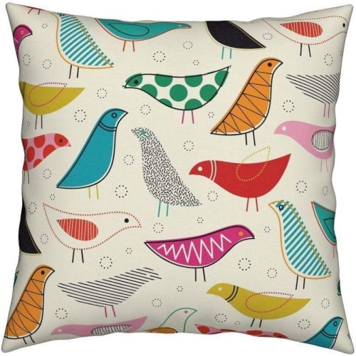 Midcentury modern simple lines colorful bird flax cotton hidden zipper throw pillow covers, two sides.