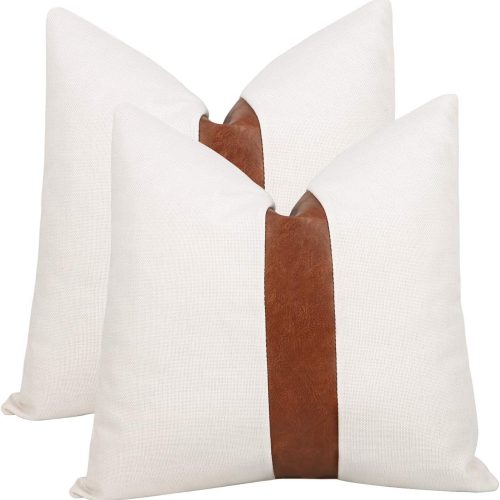 Set of 2 white linen patchwork faux leather throw pillow covers for couch living room bedroom, modern accent decor square covers.