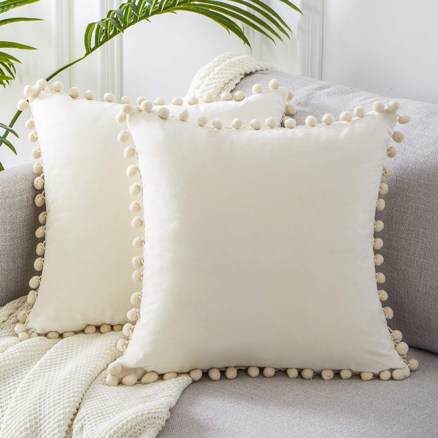 Throw pillow covers set of 2, soft velvet couch pillow covers with pom poms sofa pillow decorative cushion cases for livingroom bedroom home decor.