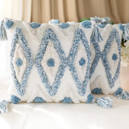Set of 2 cotton woven boho throw pillow covers, tufted decorative square pillowcases covers with tassels for couch sofa bed, living room sofa, 2 pieces.