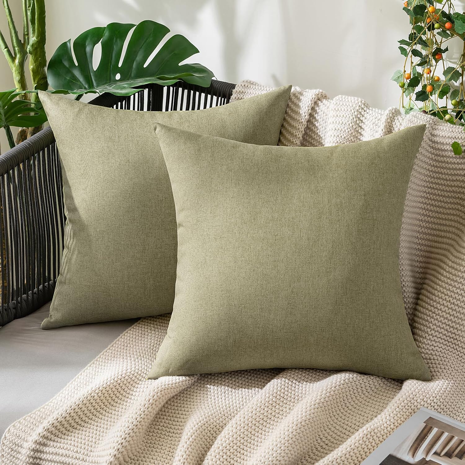 Pack of 2 decorative outdoor solid waterproof throw pillow covers faux linen garden farmhouse cushion cases for patio tent balcony couch sofa.