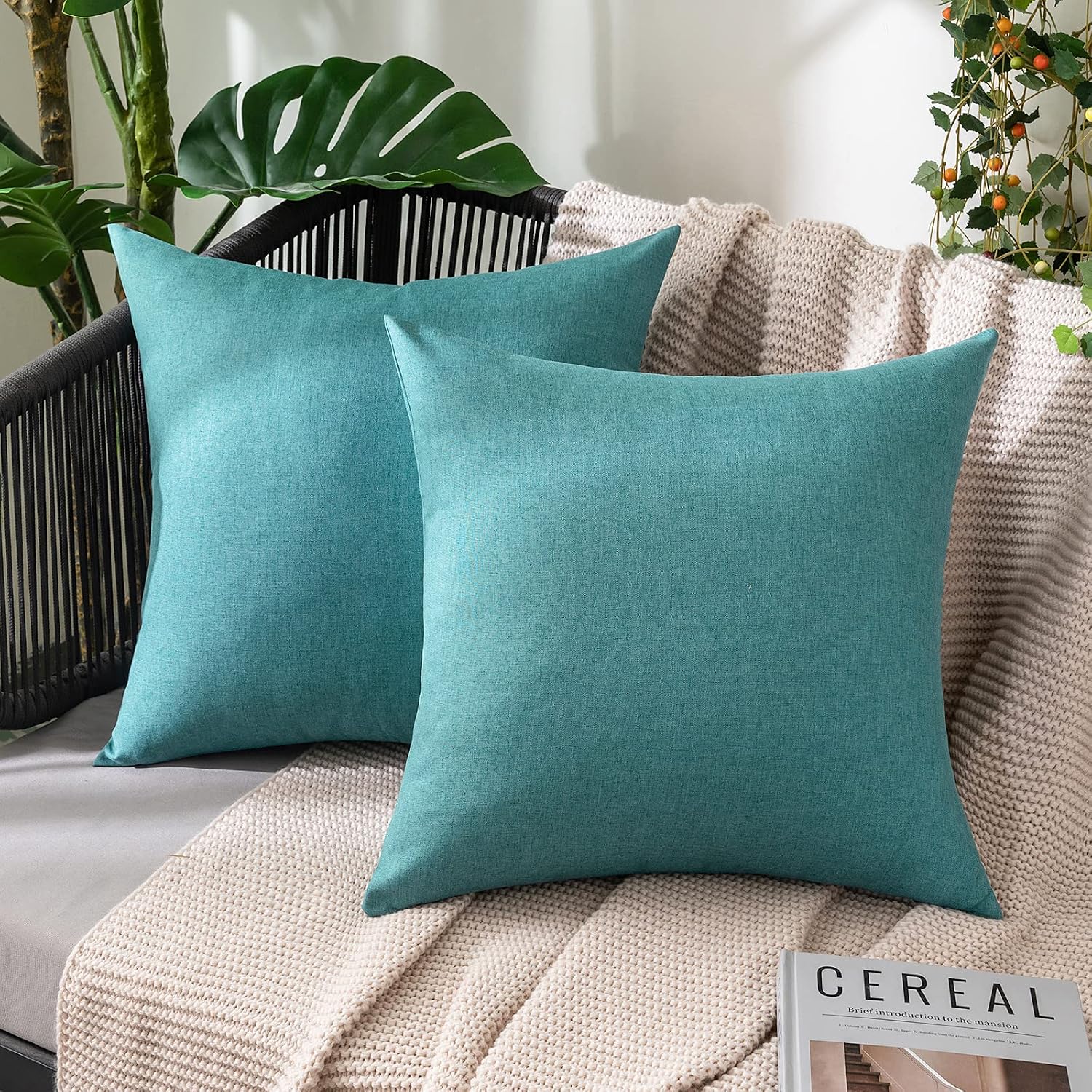 Pack of 2 decorative outdoor solid waterproof throw pillow covers faux linen garden farmhouse coastal cushion cases for summer patio tent balcony couch sofa.