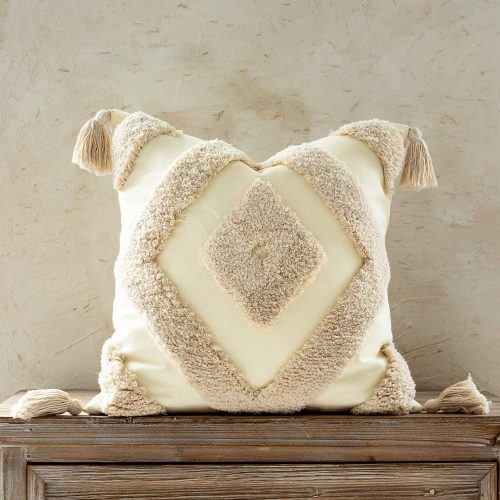 Woven tufted boho throw pillow cover, modern decorative geometric diamond chevron square cushion with tassels, tribal pillowcases for couch sofa bedroom living room.