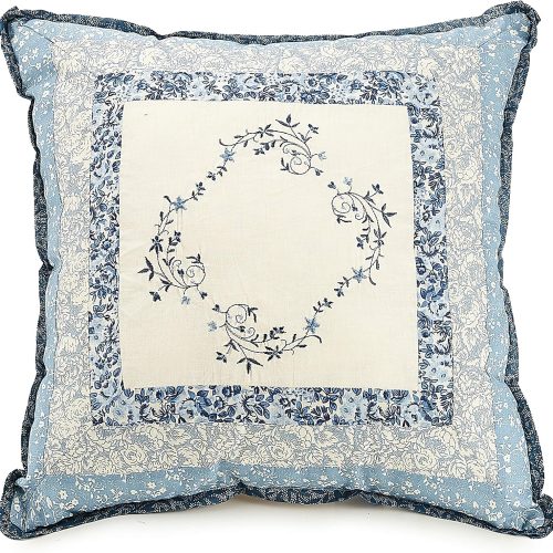 Embroidered bedspread, square pillow, blue floral.